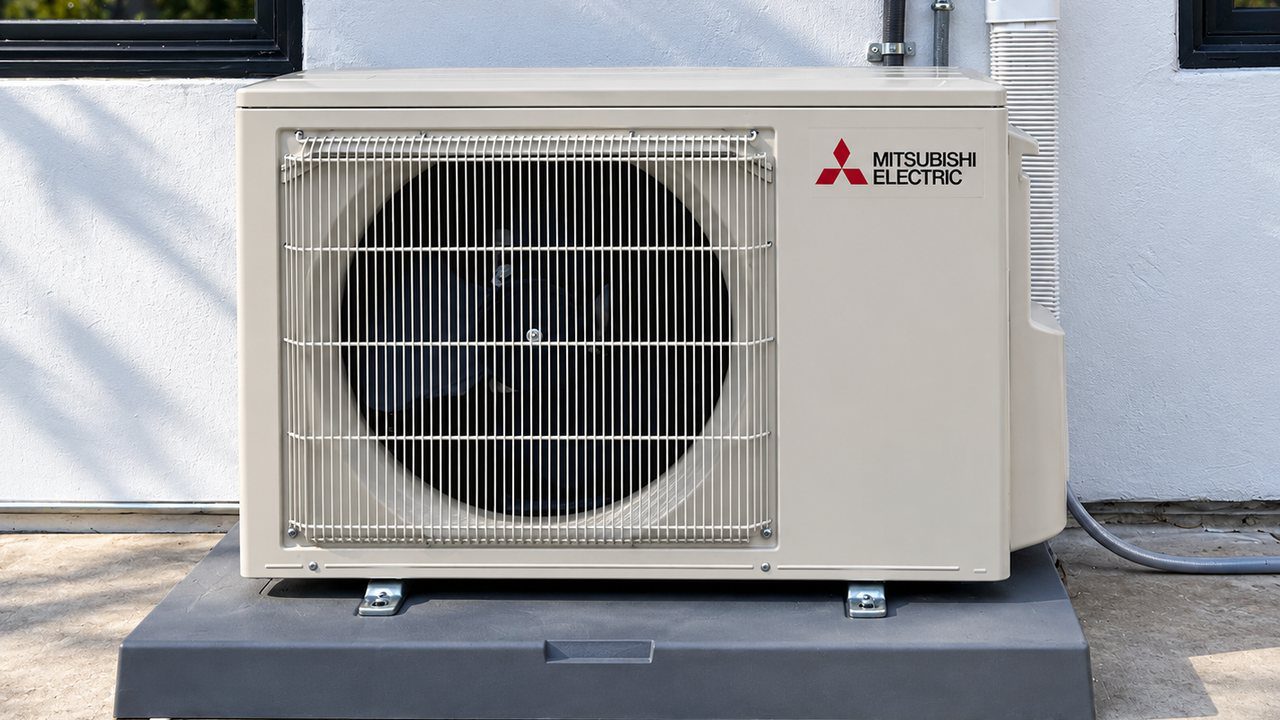 Mitsubishi Electric air conditioner outdoor unit beside a home