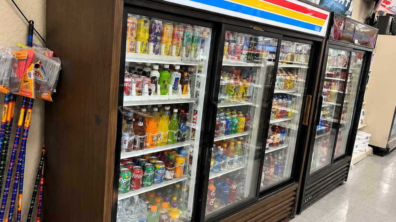 Commercial glass-door refrigerators in a store
