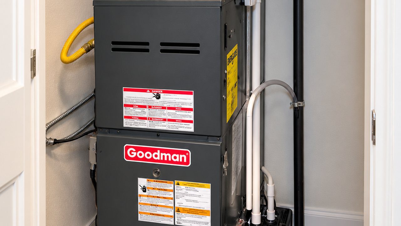 Goodman gas furnace installed in a home utility closet