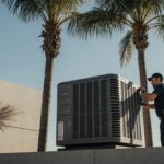 HVAC technician performing maintenance on an outdoor air conditioning unit under palm trees in Los Angeles
