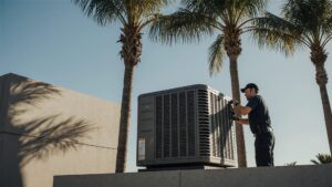 Technician Servicing Outdoor AC Unit in Los Angeles Summer HVAC technician performing maintenance on an outdoor air conditioning unit under palm trees in Los Angeles