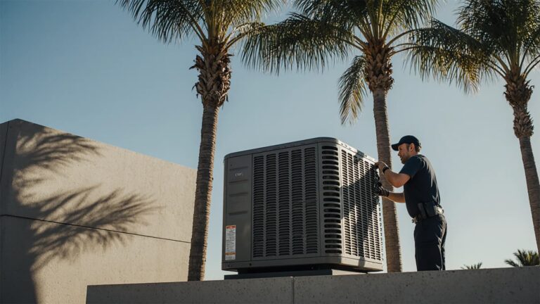 HVAC technician performing maintenance on an outdoor air conditioning unit under palm trees in Los Angeles