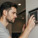 Homeowner checking thermostat due to HVAC issues in a modern living room