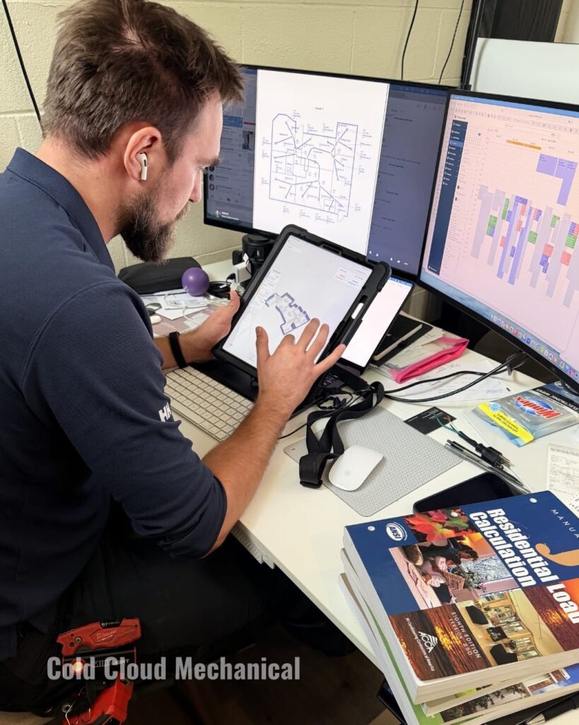 HVAC technician reviewing installation plans to help control project costs