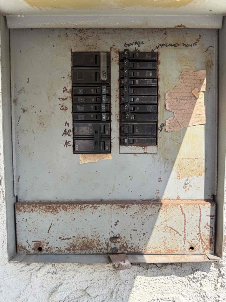 Residential electrical panel that may need an upgrade before a heat pump or high-efficiency HVAC installation