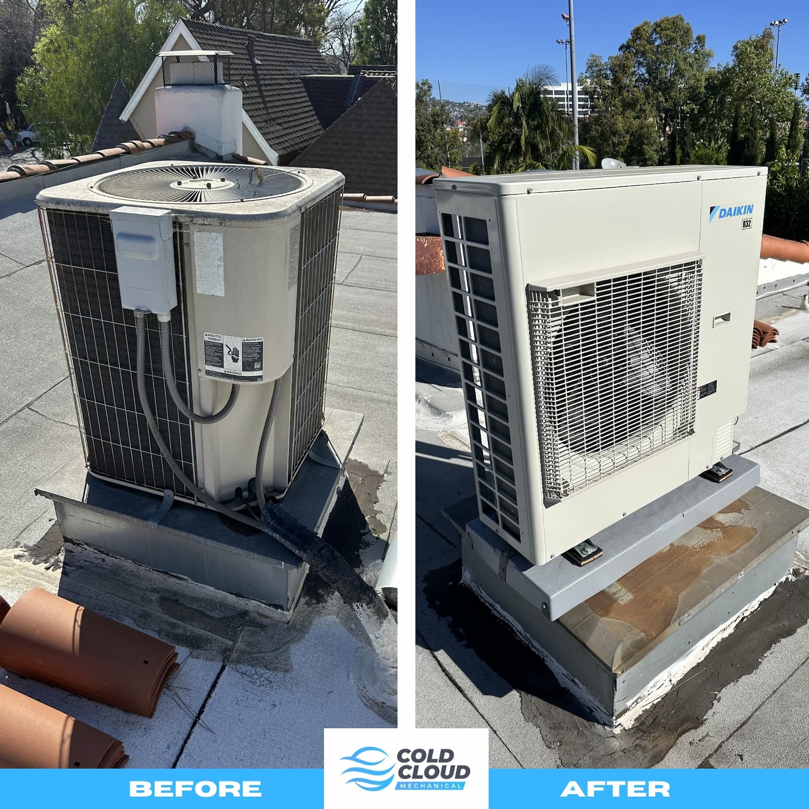 Before and after collage of Daikin heat pump and HVAC installation project in Sierra Madre