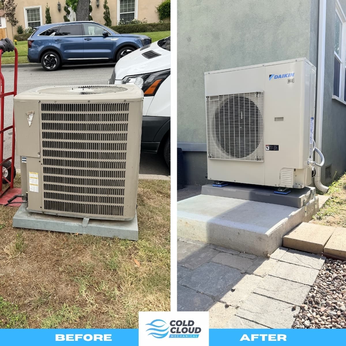 Before and after Daikin DH6 heat pump installation with full duct replacement in Alhambra