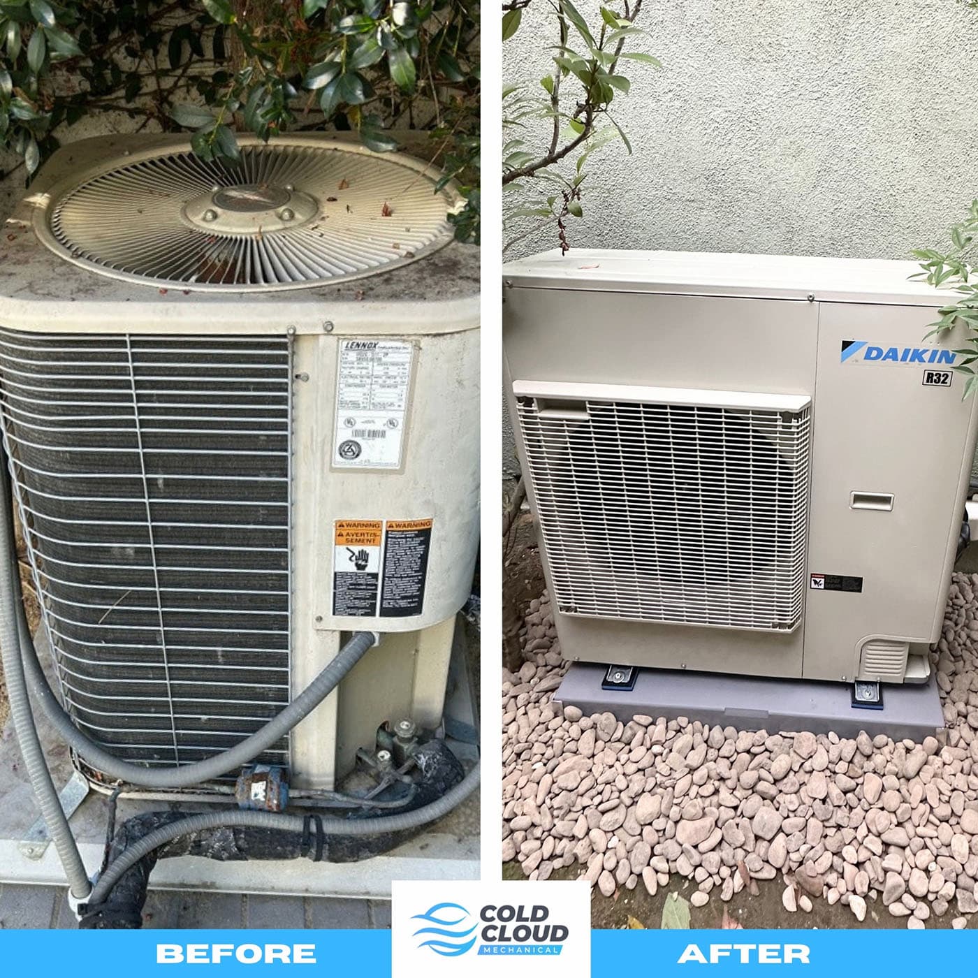 Before and after collage of whole-home heat pump conversion in Los Feliz Los Angeles