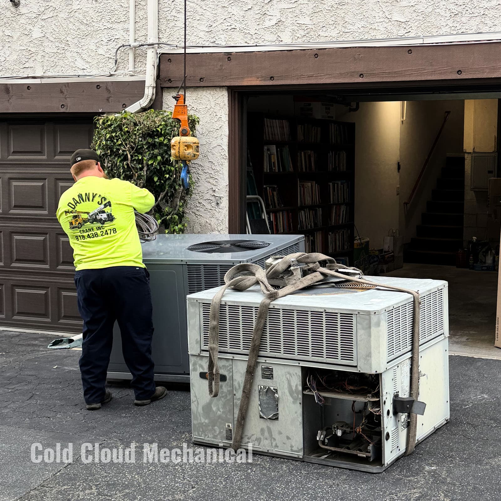 Old package unit removal before Daikin installation in Pasadena