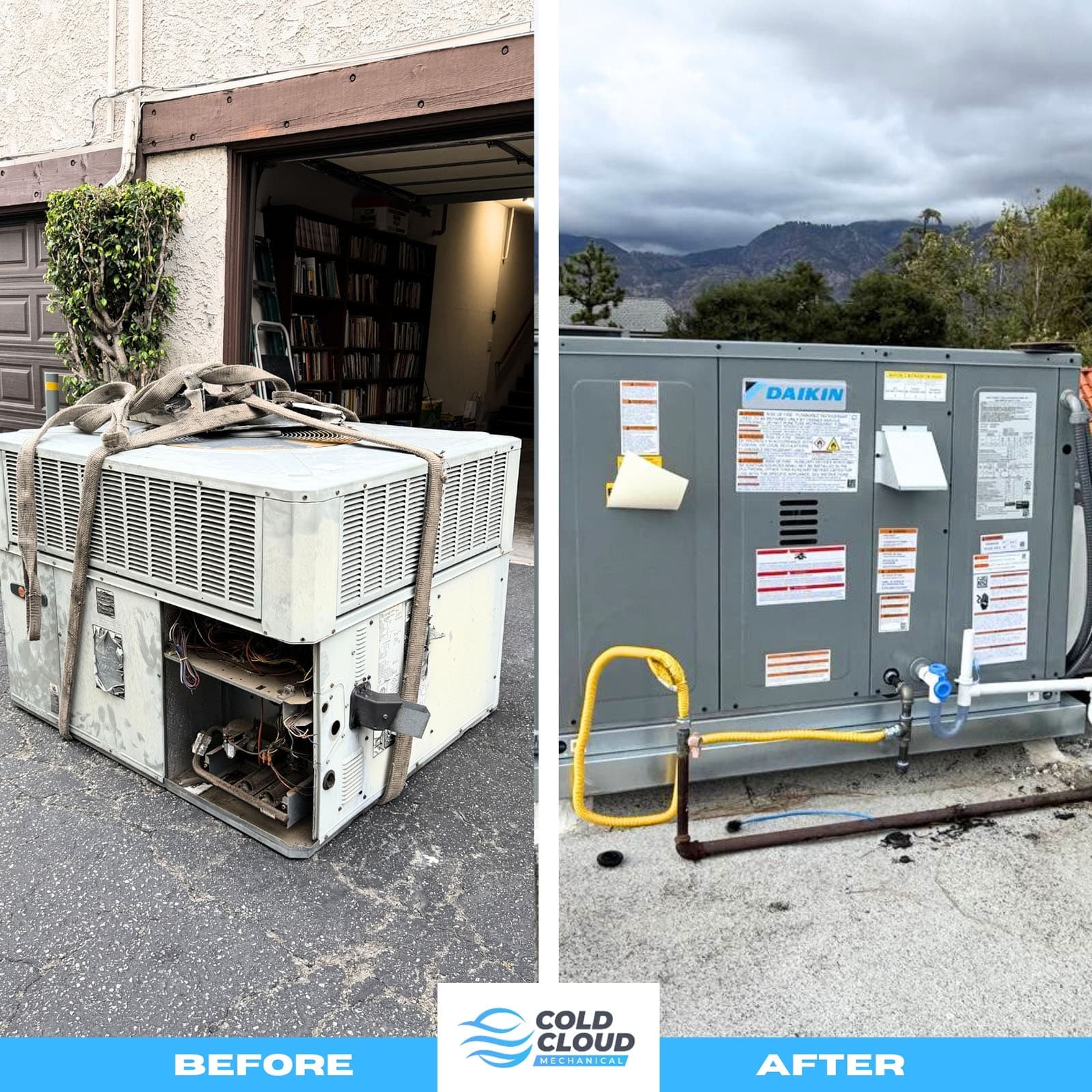 Before and after Daikin rooftop HVAC installation in Pasadena 91107