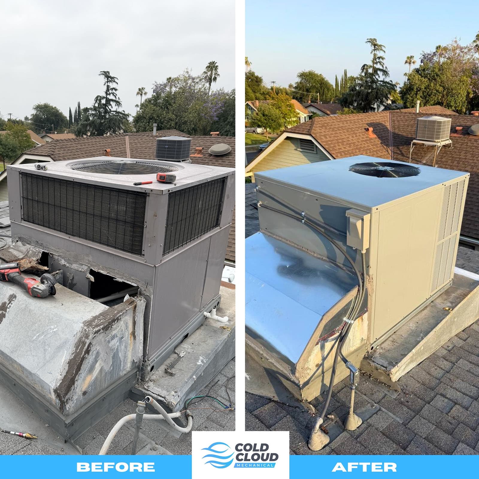 Before and after Daikin rooftop package unit replacement in Pasadena