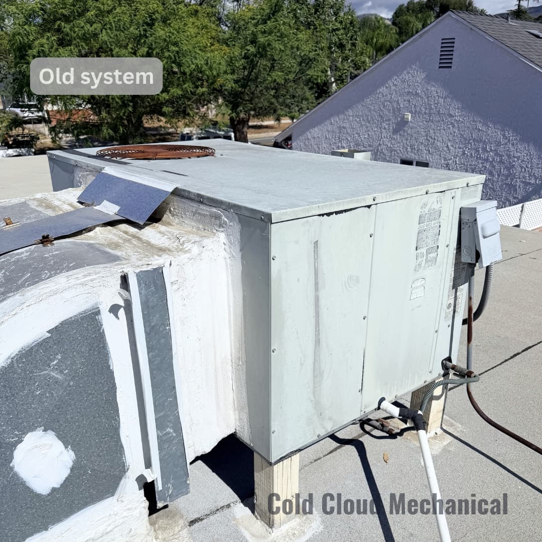 Aging gas electric package unit before removal in Granada Hills