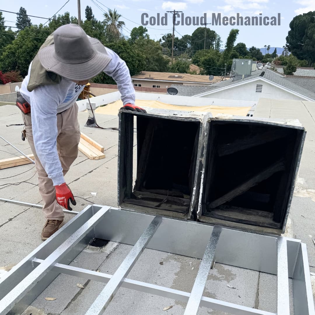 Custom roof curb adapter before Goodman RTU placement in Granada Hills
