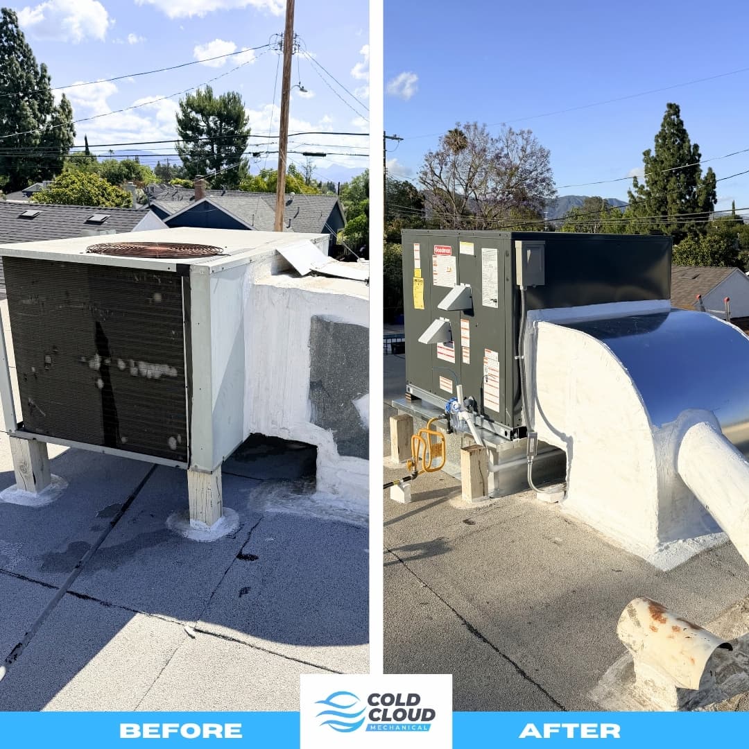Before and after Goodman rooftop package unit replacement in Granada Hills 91344