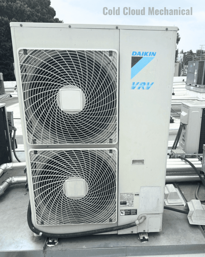 Daikin outdoor HVAC condenser unit installed on a residential wall by COLD CLOUD