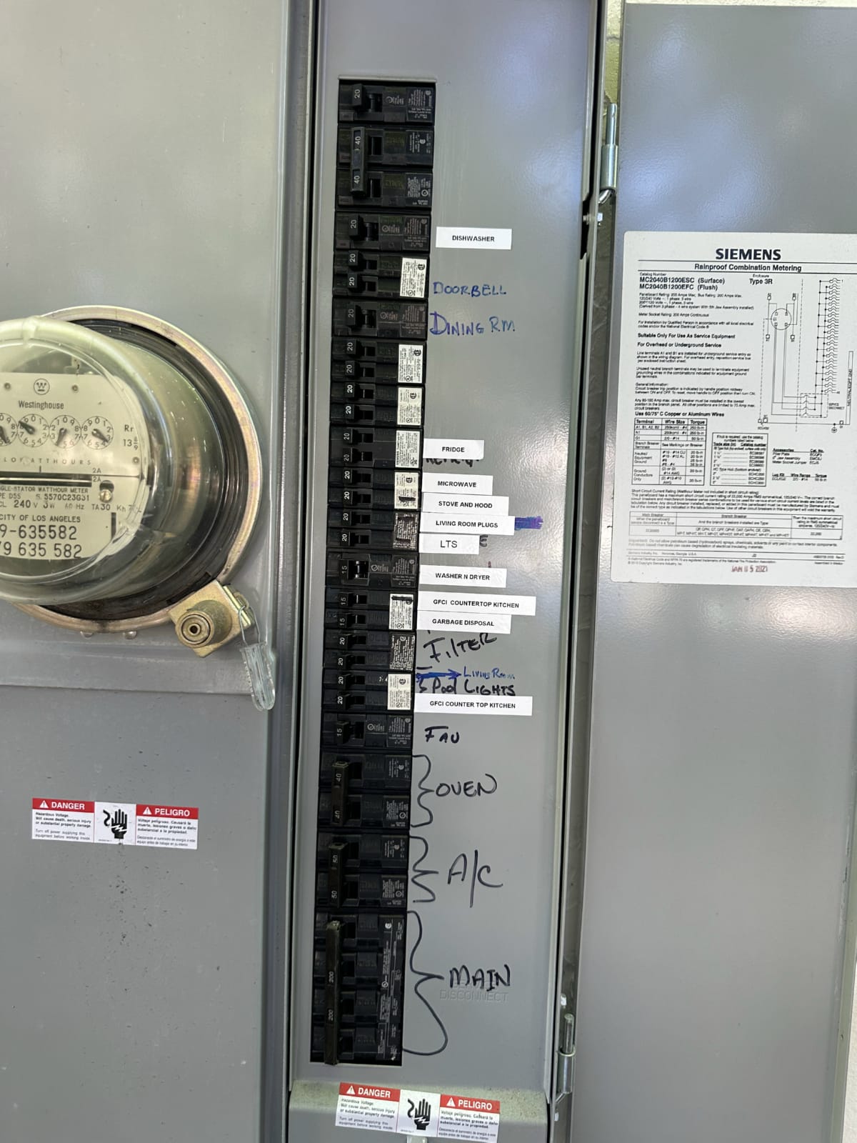 Electrical panel check as part of HVAC repair visit Residential electrical panel assessed during HVAC repair diagnostic
