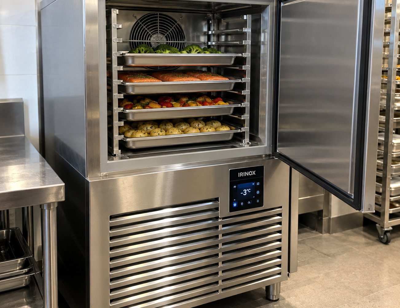 Commercial blast chiller with food trays