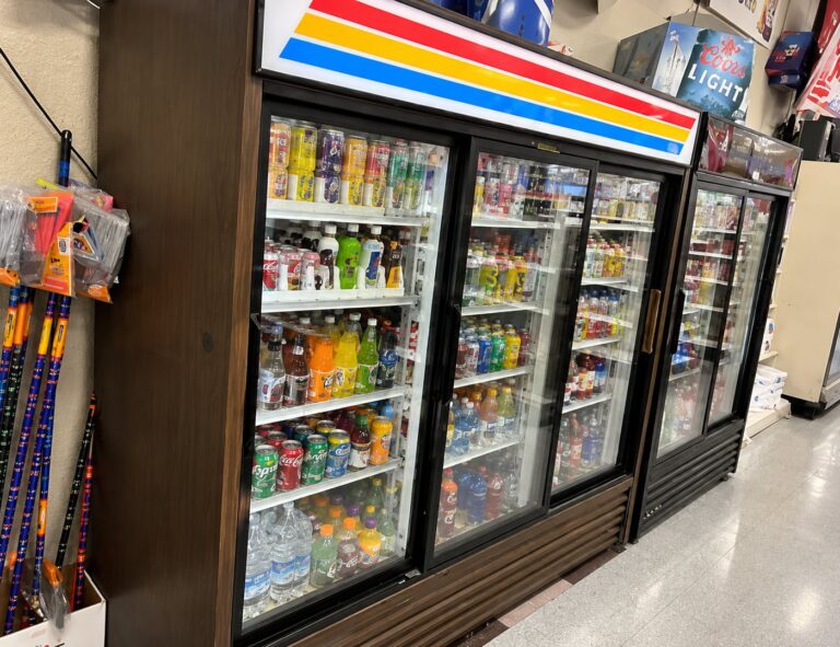 Commercial glass-door refrigerators in a store