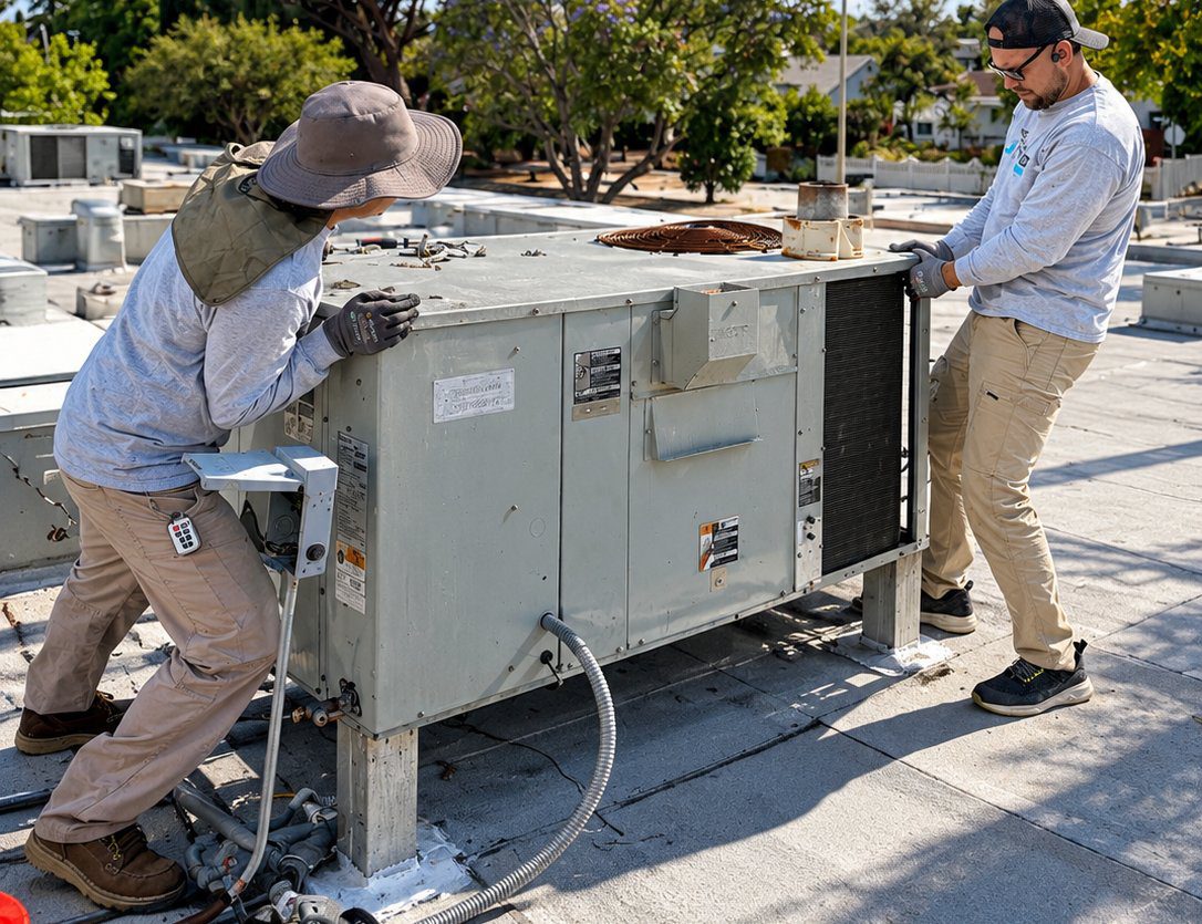 Cold Cloud technicians servicing a rooftop package unit